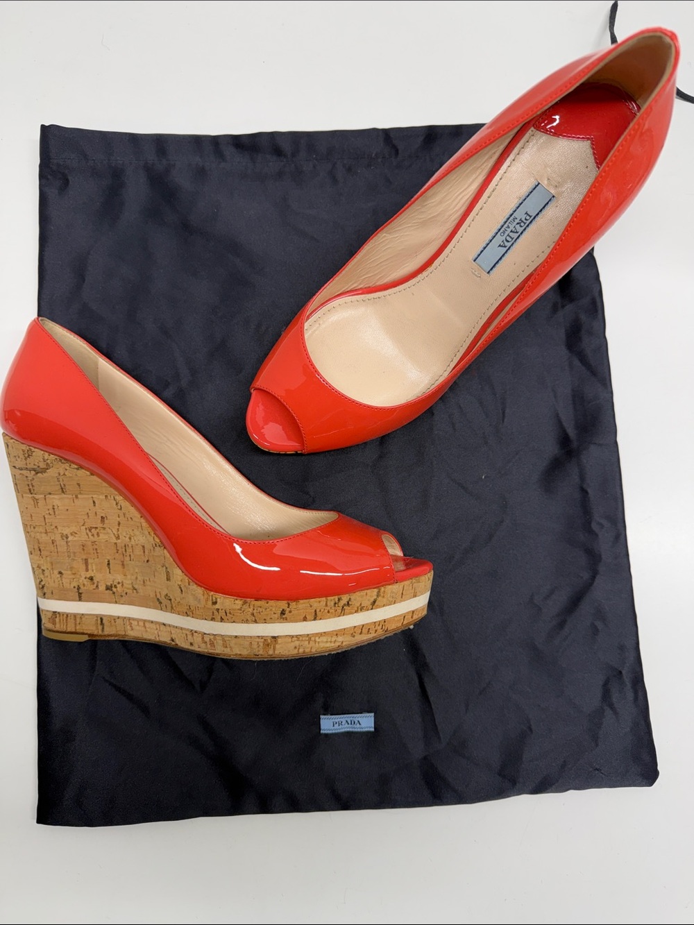 Prada Heels Peep Toe Wedges Espadrilles Cork Pump Shoes Coral Pink Size 38 US 8